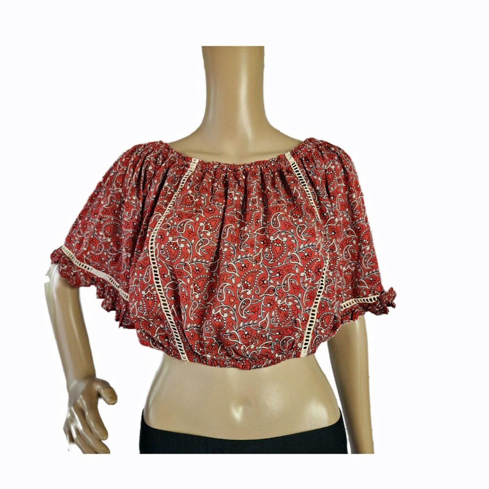 Miss June Paris Indis Crop Top Red Paisley Boho Off The Shoulder - O/S NWT